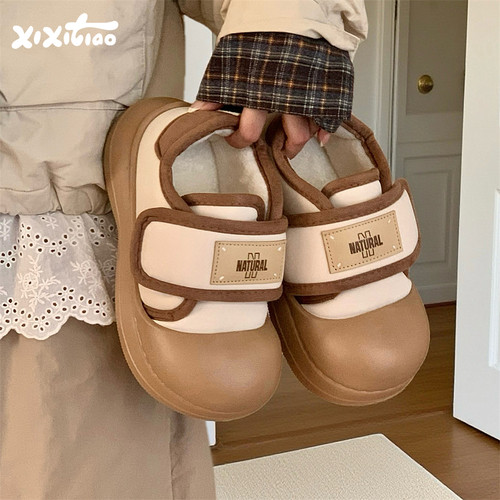 细细条圆头可爱魔术贴面包棉鞋