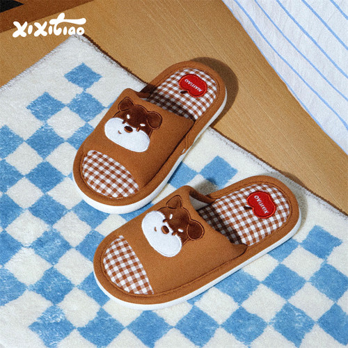 细细条趣味狗狗居家棉麻拖鞋