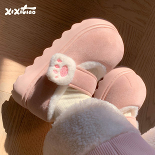 细细条 可爱猫爪魔术贴棉鞋 冬加绒厚底单鞋 少女心保暖圆头豆豆鞋