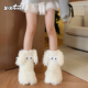 辣妹可爱毛毛袜拖个性 大眼睛冬季 保暖居家鞋 细细条 睡眠地板鞋 女