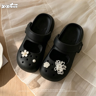 细细条 仙女风玛丽珍洞洞鞋女微足弓防滑度假花朵厚底夏沙滩凉鞋