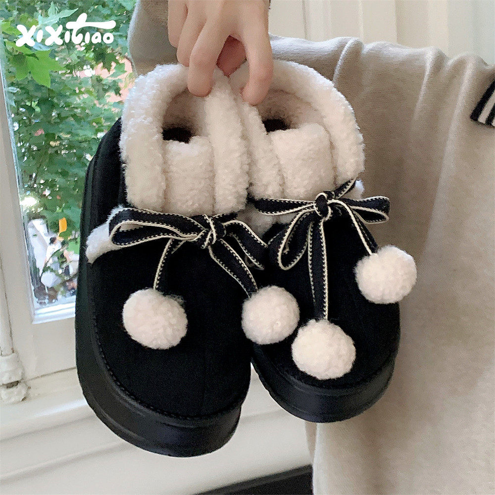 细细条 保暖加绒复古东北棉鞋外穿甜美蝴蝶结小吊球冬季雪地靴女,女鞋,时尚雪地靴,淘宝优惠券,粉丝福利购,淘宝优惠卷