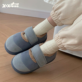 防滑平底豆豆鞋 细细条 复古撞色冬季 户外时尚 韩版 ins潮魔术贴棉鞋