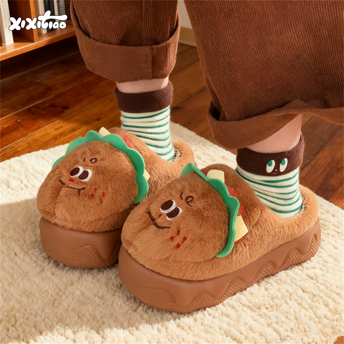 细细条居家ins可爱汉堡棉拖鞋女