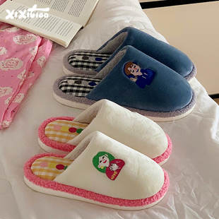 细细条 创意卡通男孩女孩棉拖鞋情侣秋冬居家防滑趣味包头毛毛鞋