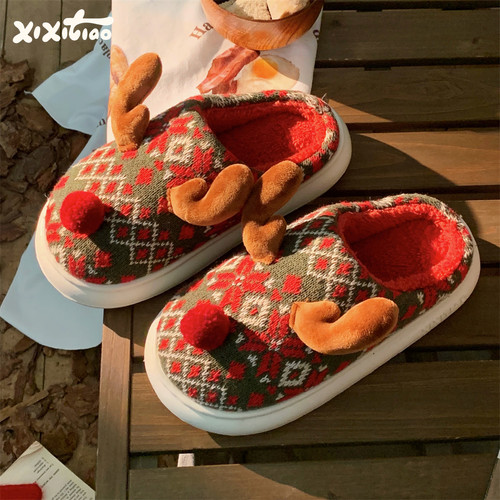 细细条圣诞麋鹿趣味卡通棉拖鞋