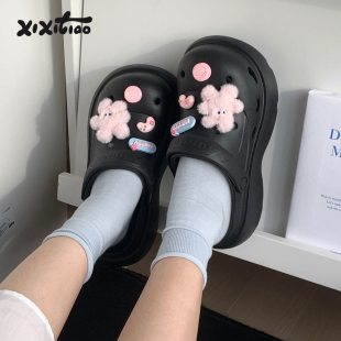 细细条 海边度假休闲厚底夏季 户外凉拖鞋 女ins网红粉色小兔洞洞鞋