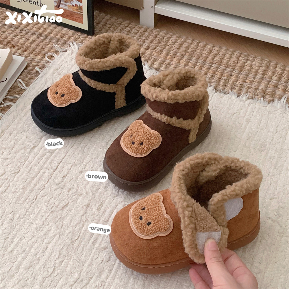 细细条冬季可爱小熊亲子雪地靴