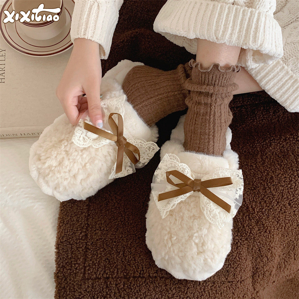 细细条 仙女风室内毛毛拖鞋秋冬保暖蕾丝蝴蝶结休闲甜美棉拖鞋女,居家布艺,居家棉拖/棉鞋,淘宝优惠券,粉丝福利购,淘宝优惠卷