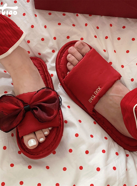 细细条 新婚陪嫁红色拖鞋男女ins蕾丝蝴蝶结四季通用情侣棉麻拖鞋