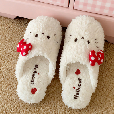 秋冬蝴蝶结小猫毛毛拖鞋女