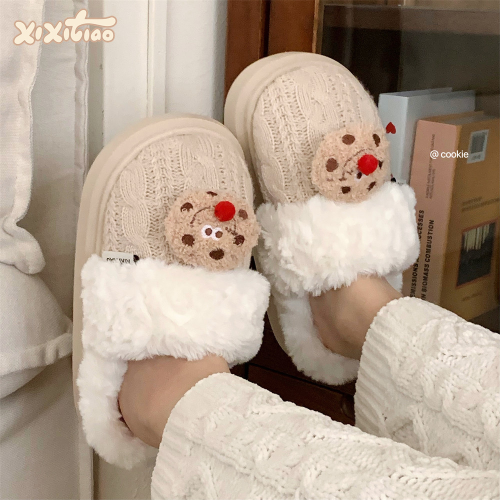 细细条 厚底冬季时尚家居月子鞋趣味红鼻子曲奇饼干毛绒棉拖鞋女