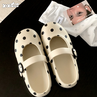 细细条 可爱波点玛丽珍拖鞋女户外足弓支撑防滑夏一脚蹬包头凉拖