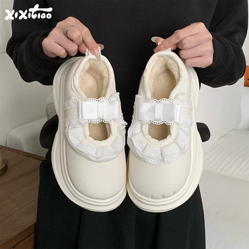 细细条甜美花边洛丽塔棉鞋女鞋