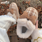 冬少女心复古格子加绒保暖厚底月子鞋 细细条 日系可爱蝴蝶结棉鞋