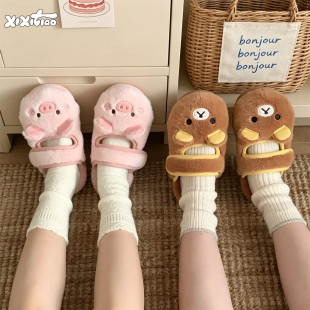 细细条 卡通魔术贴毛毛鞋女小熊小猪秋冬外穿豆豆拖鞋室内棉拖鞋