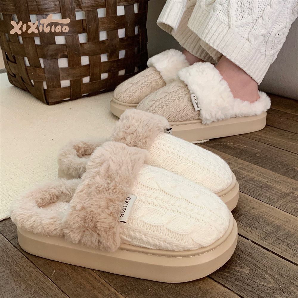 细细条复古针织毛线麻花棉拖鞋