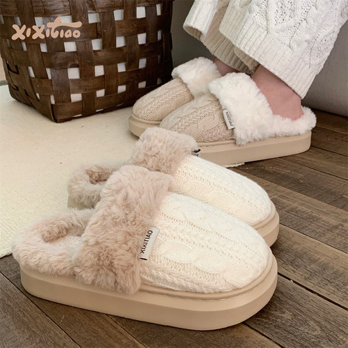 细细条复古针织毛线麻花棉拖鞋