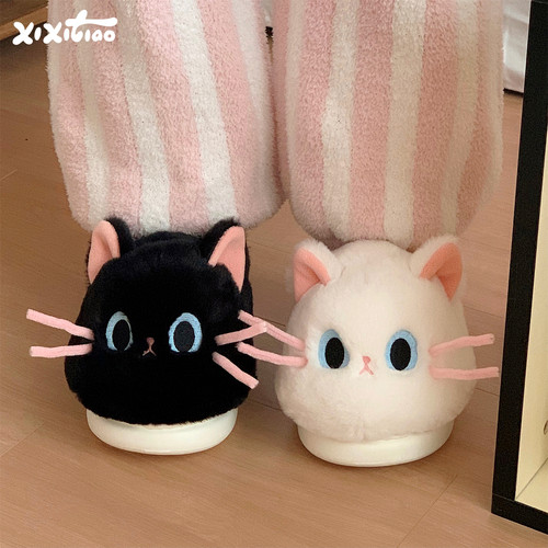细细条可爱鸳鸯小猫棉拖鞋女