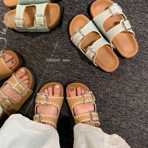 细细条韩版网红厚底拼色凉拖鞋