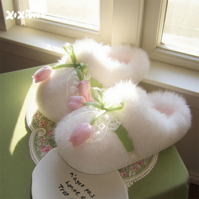 细细条法式郁金香蕾丝毛毛鞋女