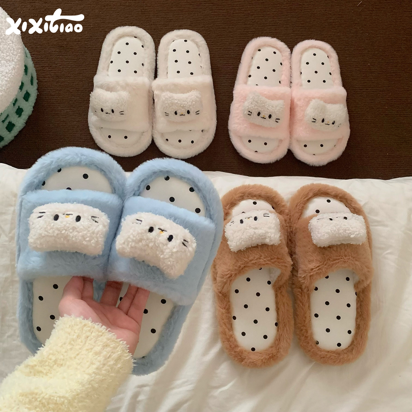 细细条 秋冬可爱小猫咪少女心一字毛毛棉拖鞋女家居宿舍防滑保暖