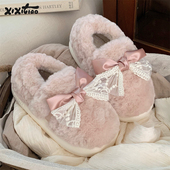 仙女风保暖棉拖鞋 女防滑居家冬季 蕾丝蝴蝶结全包跟月子鞋 细细条