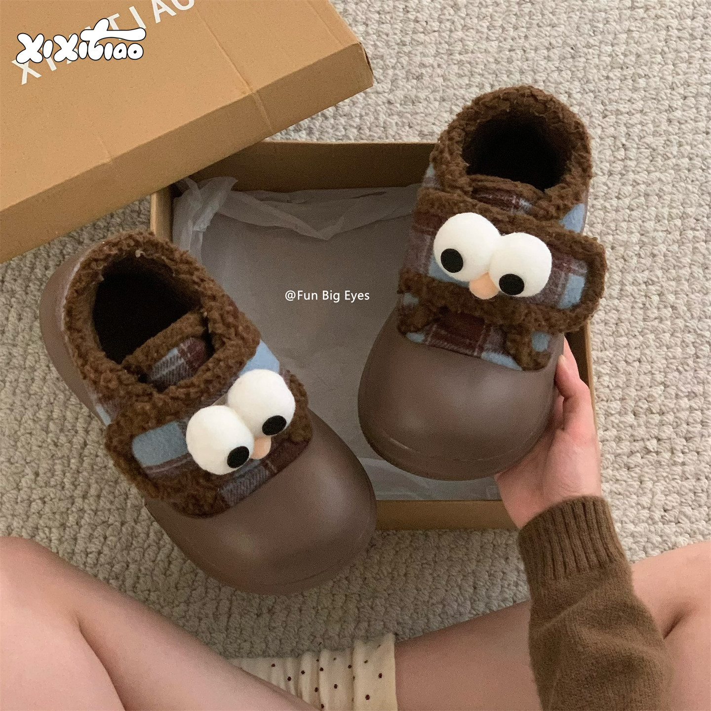 细细条趣味大眼魔术贴毛毛棉鞋