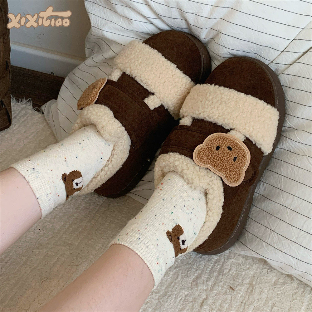 细细条 日系拼色ins可爱小熊豆豆鞋百搭外穿秋冬休闲魔术贴棉鞋女,女鞋,棉鞋,淘宝优惠券,粉丝福利购,淘宝优惠卷