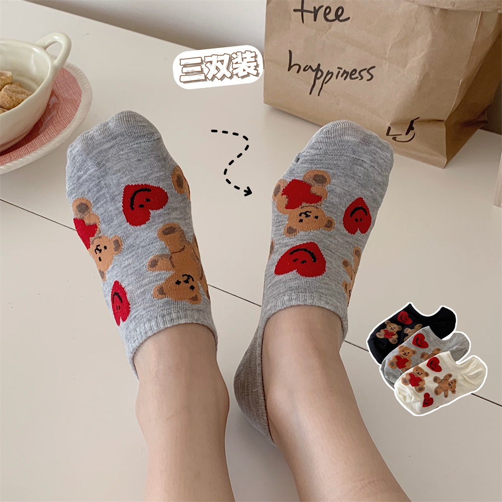 细细条可爱小熊短袜浅口不掉跟