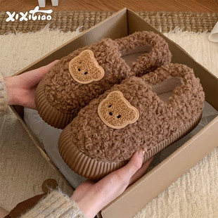 女士外穿可爱面包鞋 细细条 百搭冬季 毛毛鞋 软萌小熊休闲东北棉鞋