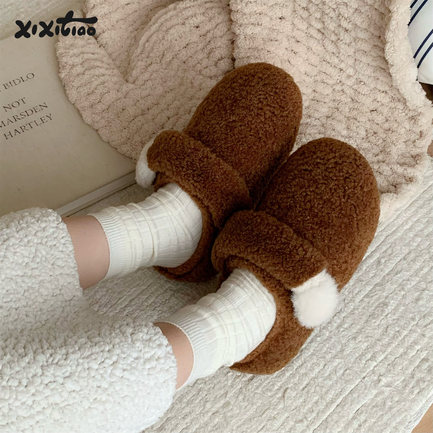 细细条 保暖居家简约可爱小猫爪毛毛鞋女防滑日式冬天外穿棉拖鞋