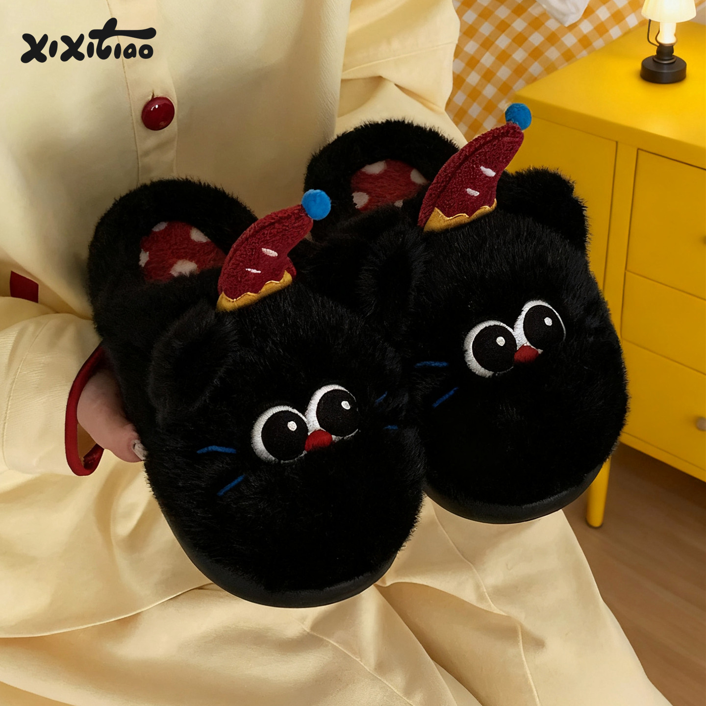 细细条 可爱ins生日小黑猫棉拖鞋女生冬家居保暖毛毛鞋月子鞋软萌