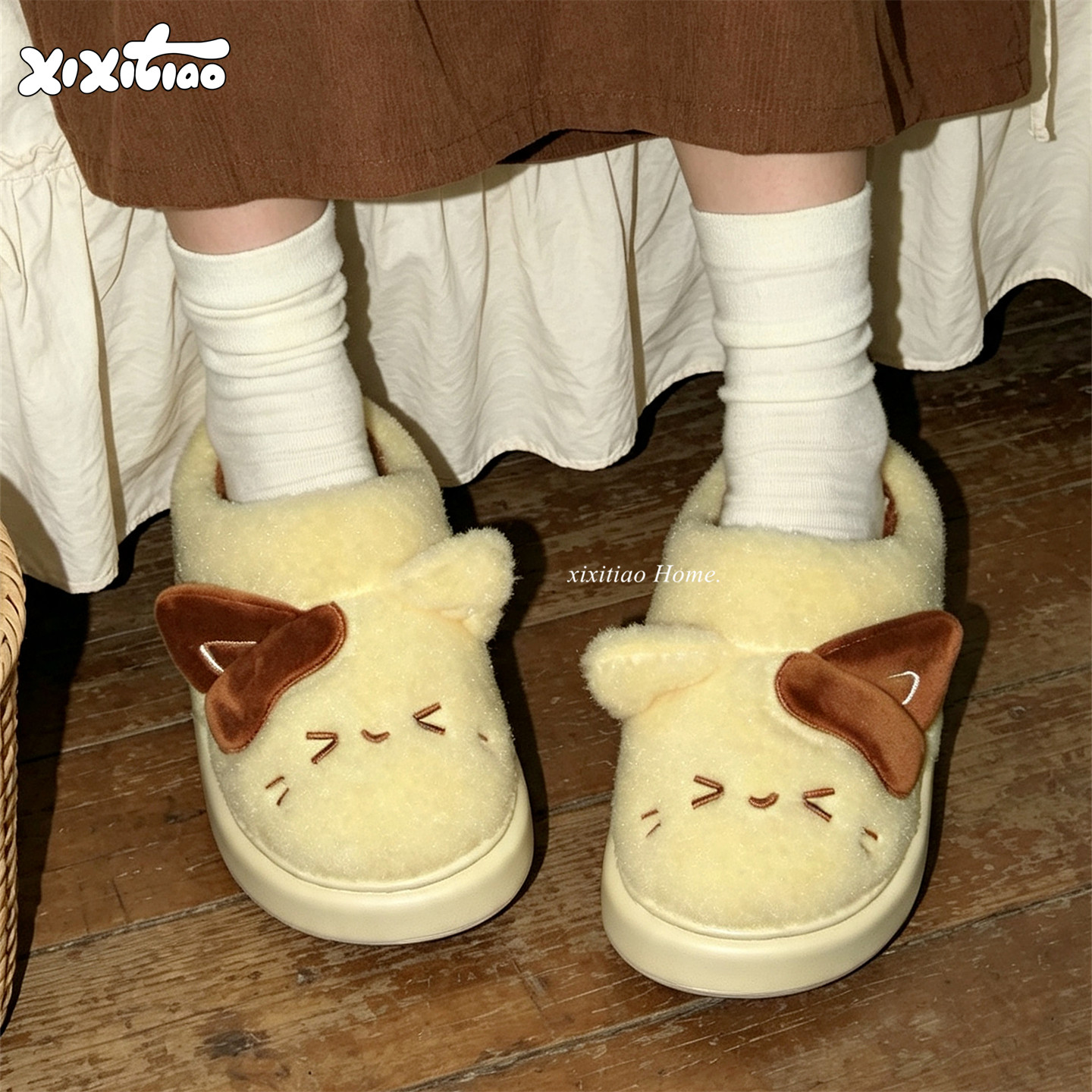 细细条 日系情侣居家撞色小猫棉拖鞋保暖冬季卡通防滑月子鞋男女