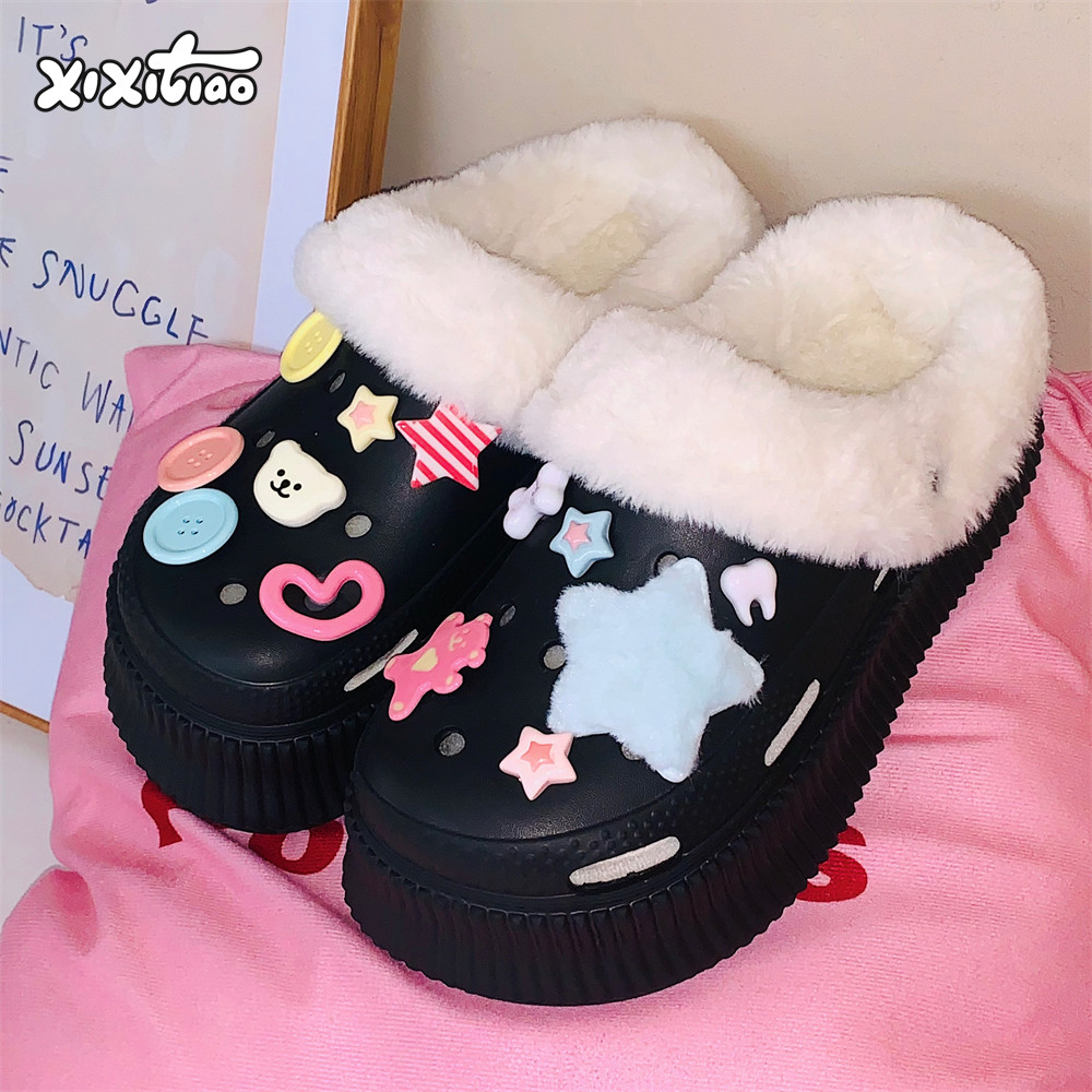 细细条可爱小熊彩色纽扣棉拖鞋