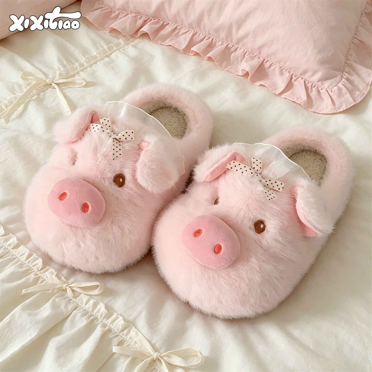 细细条 可爱结婚小猪冬季棉拖鞋男女舒适居家防滑保暖情侣毛毛鞋
