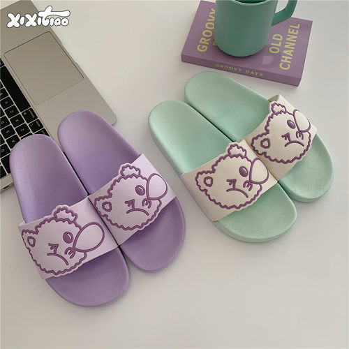 细细条韩版ins卡通小熊拖鞋女