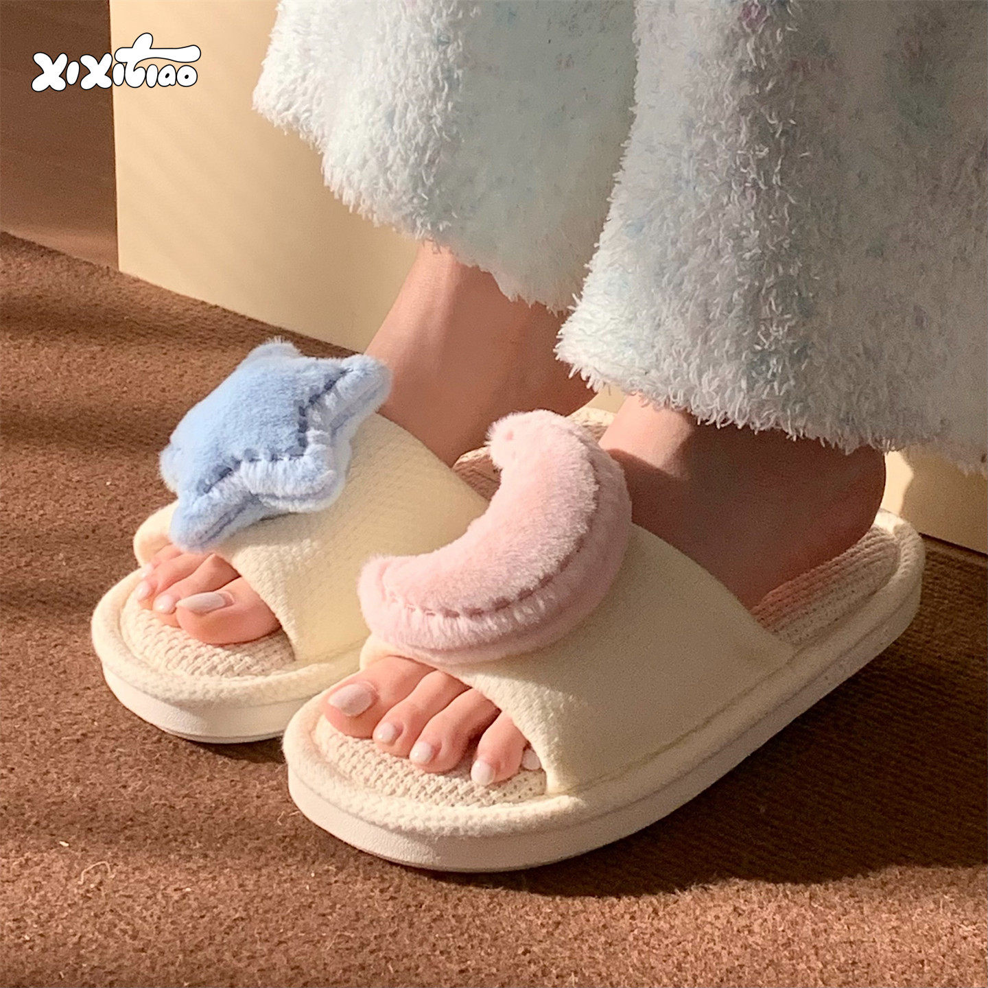 细细条 四季通用女学生居家吸汗地板鞋韩系立体星星月亮亚麻拖鞋,居家布艺,居家亚麻拖鞋,淘宝优惠券,粉丝福利购,淘宝优惠卷