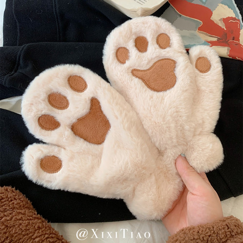 细细条卡通猫爪熊爪百搭防寒手套