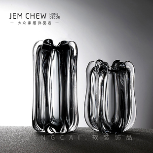 轻奢极简现代厚重琉璃灰色玻璃花瓶样板间售楼处客厅餐桌家居饰品
