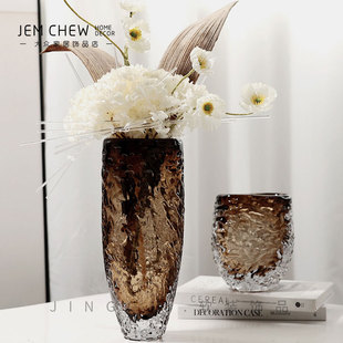 现代轻奢咖色水纹渐变琉璃花器客厅插花高级感茶几摆件样板间花瓶