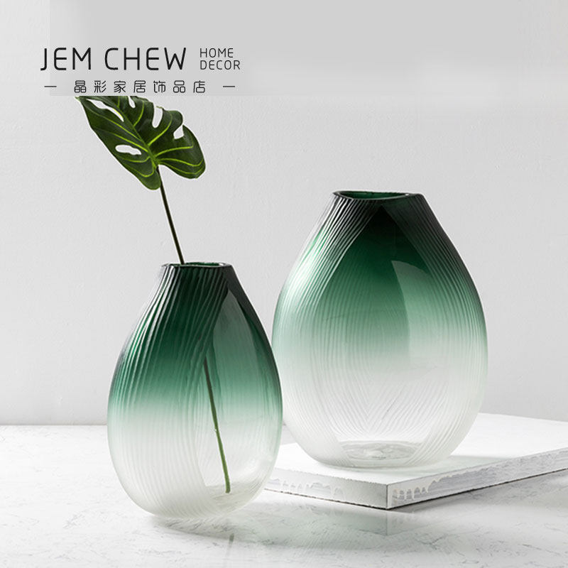 现代北欧渐变绿色小口大肚玻璃花瓶竖条纹酒店样板房大堂吧台饰品