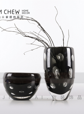 新中式现代轻奢黑色琉璃气泡高级质感花器插花样板间售楼处摆设品