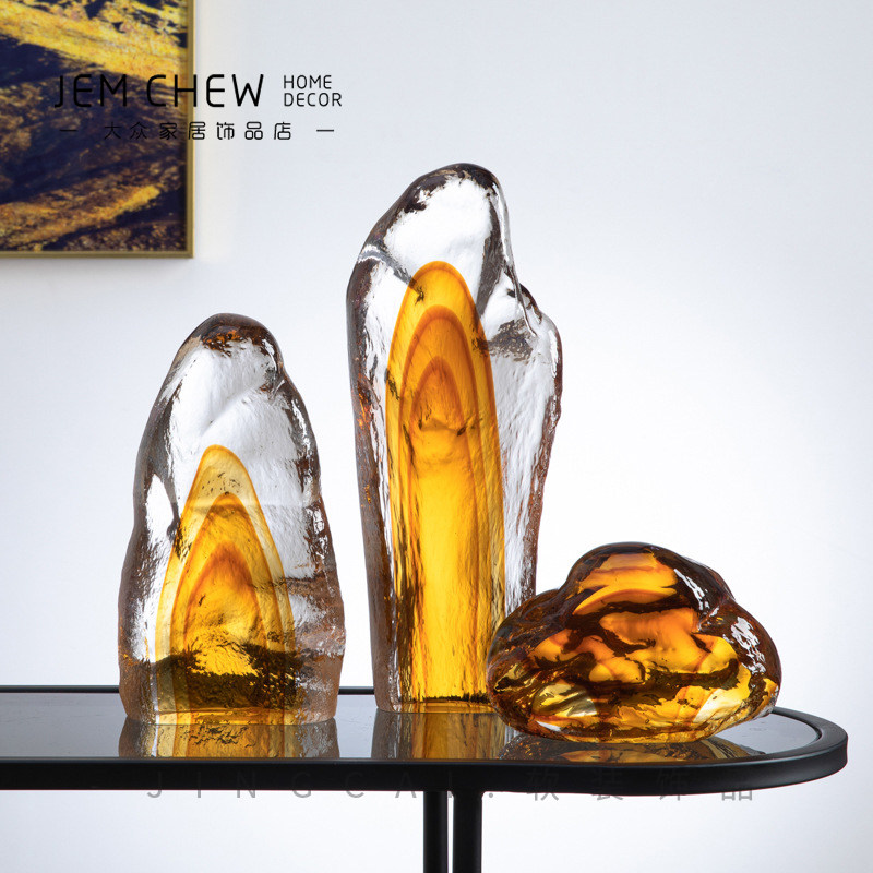 高级感琉璃琥珀茶色假山玻璃玄关电视柜客厅餐桌茶桌软装家具摆件