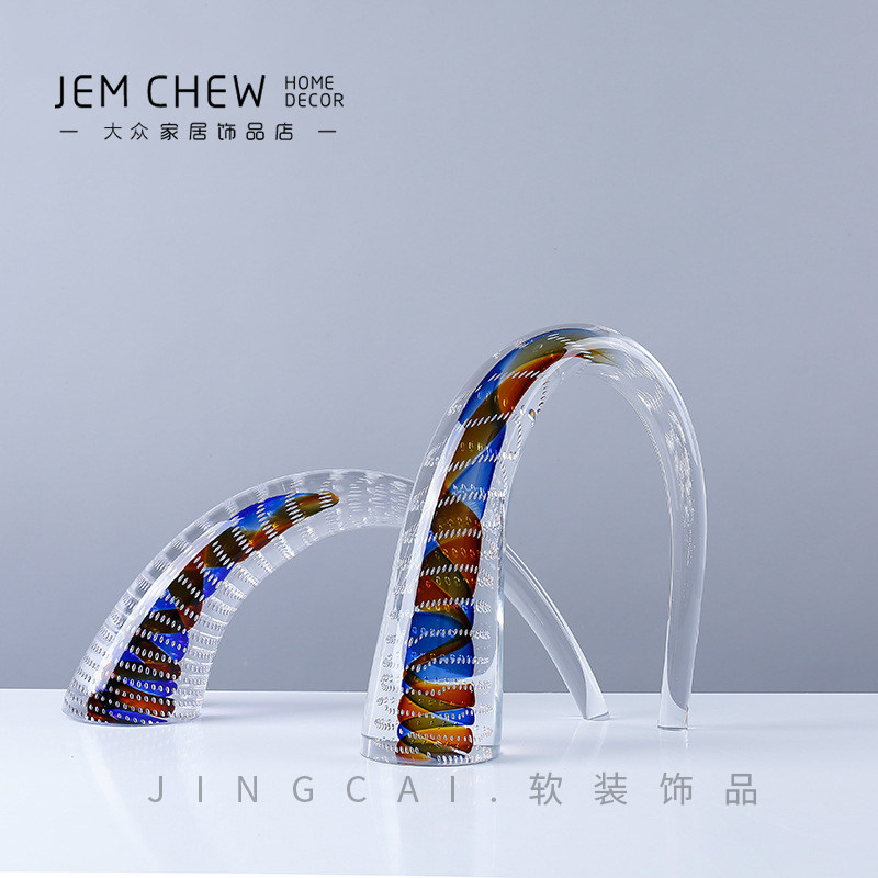 高级感现代彩色透明水晶厚重玻璃摆件个性家居电视玄关装饰艺术品图片