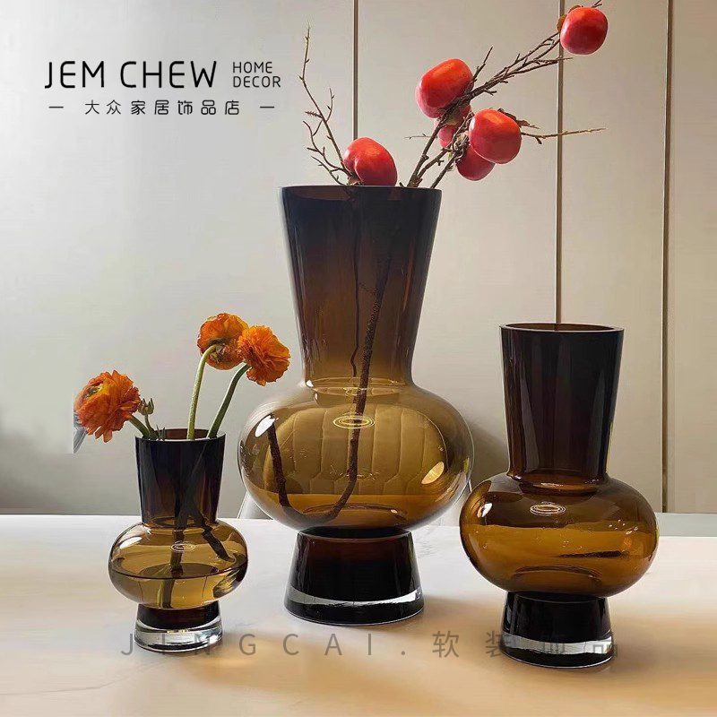 圆肚玻璃花瓶轻奢加厚底高级墨绿色水培花器家居客厅餐桌软装摆件