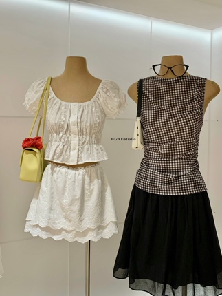 【Wgwe】Embroidered Square-Neck Short Shirt and Lace Skirt Pure Desire Two-Piece Set