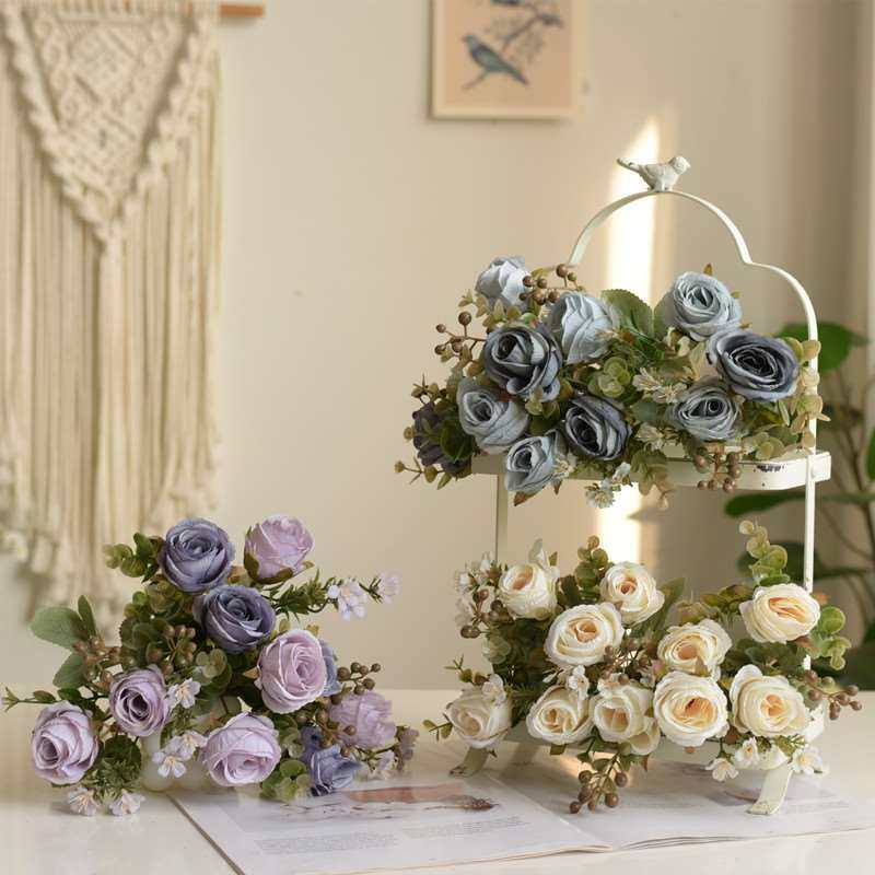 欧式5头玫瑰仿真花皇妃玫把束摄影道具餐桌摆件简约现代花墙布置