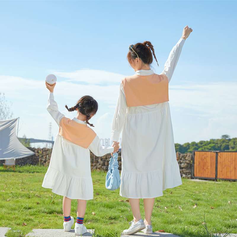 亲子装母女洋气连衣裙长袖春季新款纯棉衬衫裙披肩两件套女童裙子