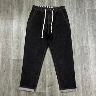 外贸单松紧腰牛仔裤男士宽松锥形直筒系绳秋季新款裤子大码弹力潮